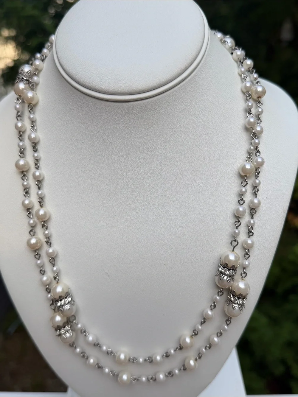 Vintage 48” Faux Pearl Station Necklace Silver Tone Rhinestone long